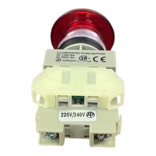 An industrial auxiliary push button with an illuminated red dome and a beige plastic housing, featuring terminal screws on the front.