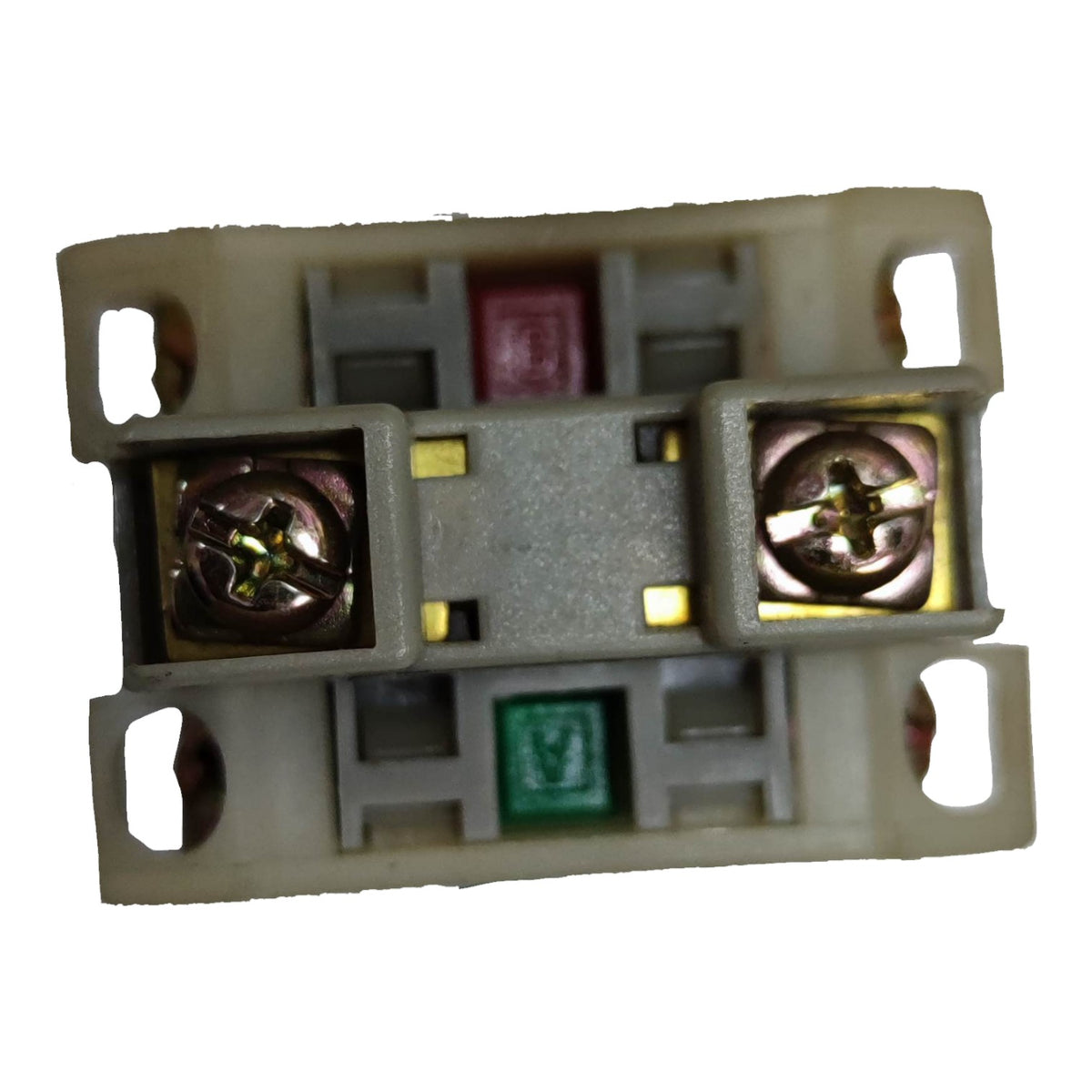 A small electrical terminal block or connector with two screw terminals, a red terminal above, and a green terminal below, set against a plain white background.