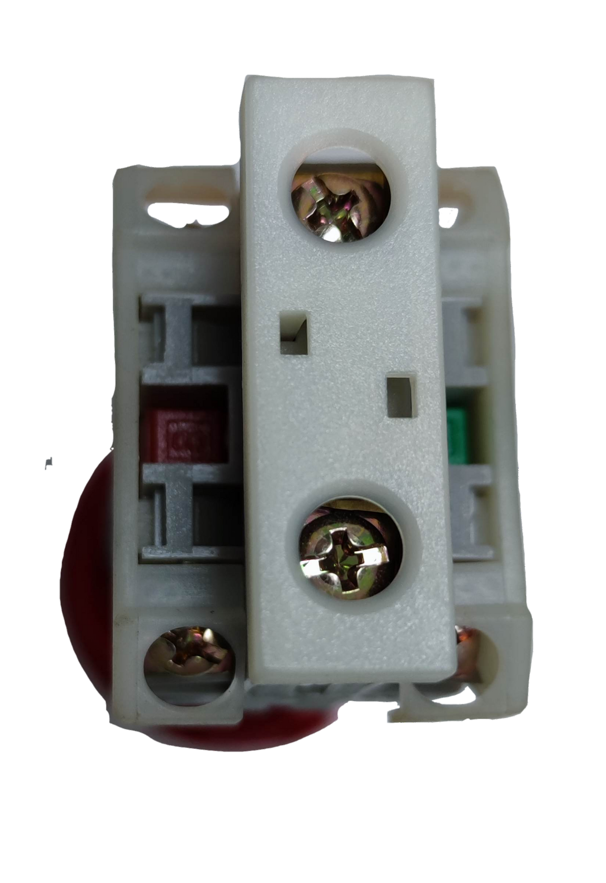 Auspicious illuminated emergency stop push button with white plastic mounting and metal screws
