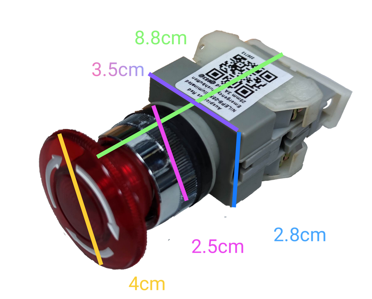 Auspicious illuminated emergency stop push button with red circular actuator and dimensions labeled