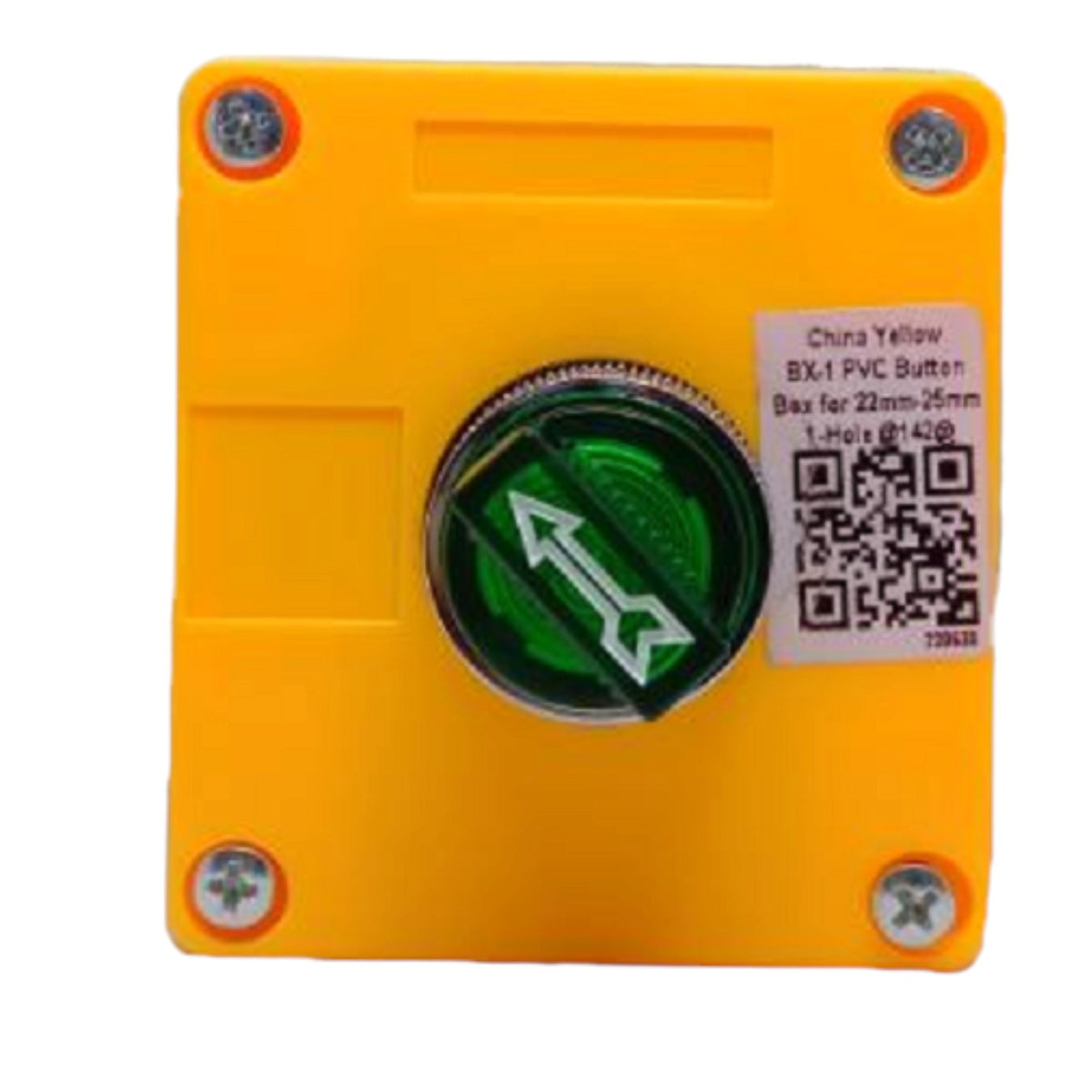 A square yellow PVC button box with a circular green push-button in the center featuring a white arrow. The box has four corner screws and a white label on the right side with product details, text reading 'China Yellow BX-1 PVC Button', a QR code, and dimensions.