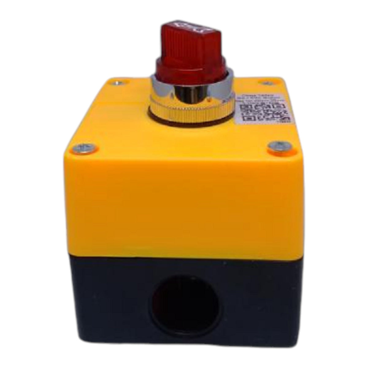 A square industrial electrical component with a bright yellow upper housing, a black lower housing, a red top switch, and a silver metal collar, shown on a plain white background.