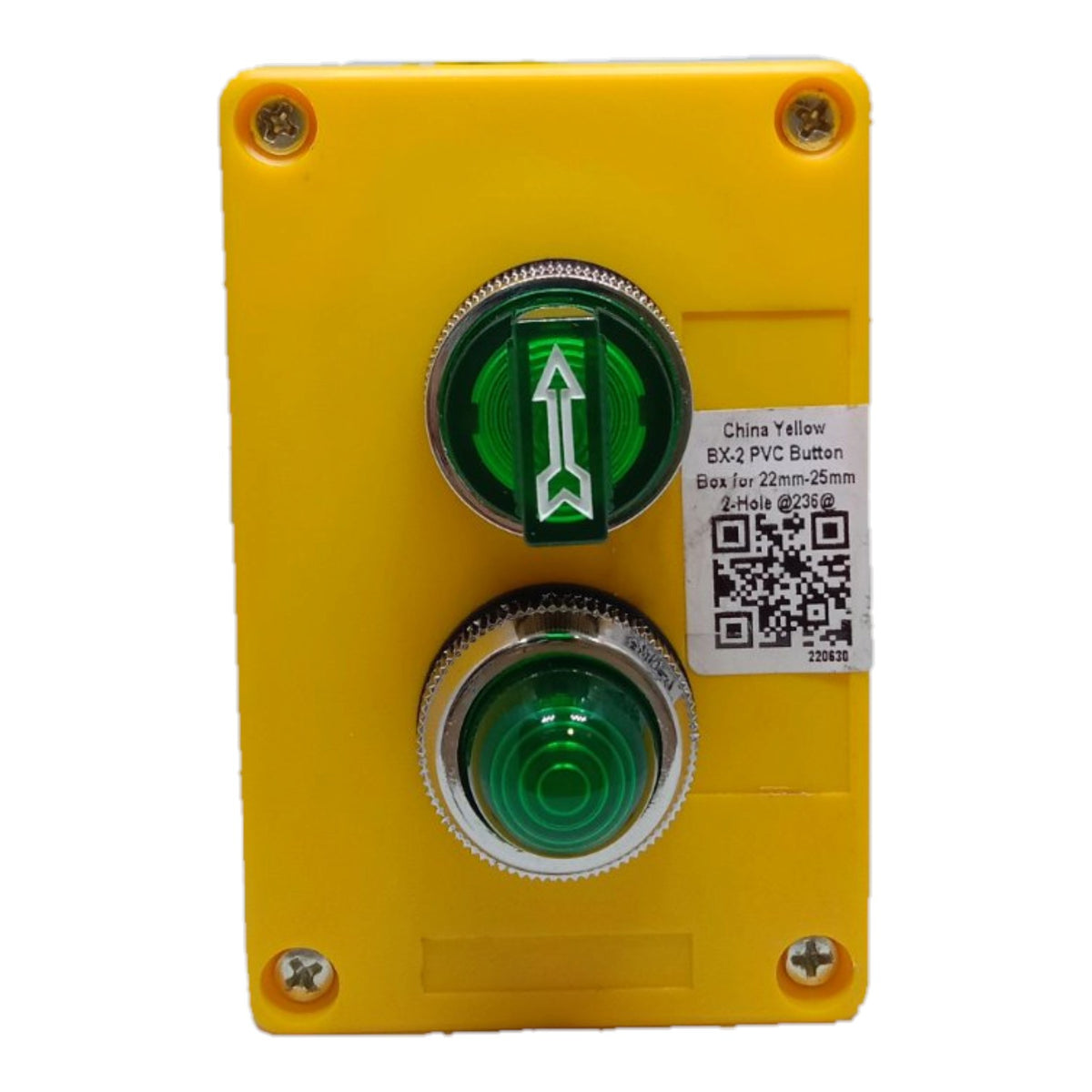 A yellow industrial push-button panel featuring two green-lit buttons on a bright yellow faceplate, with a white product label on the right side.