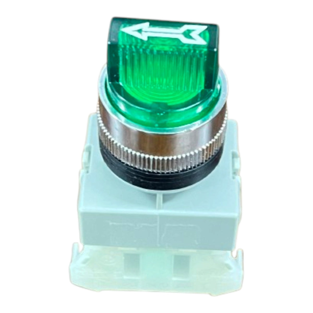 A green illuminated push-button switch with a white arrow symbol on the top cap, a metallic silver ring, and a light gray plastic base, isolated on a white background.