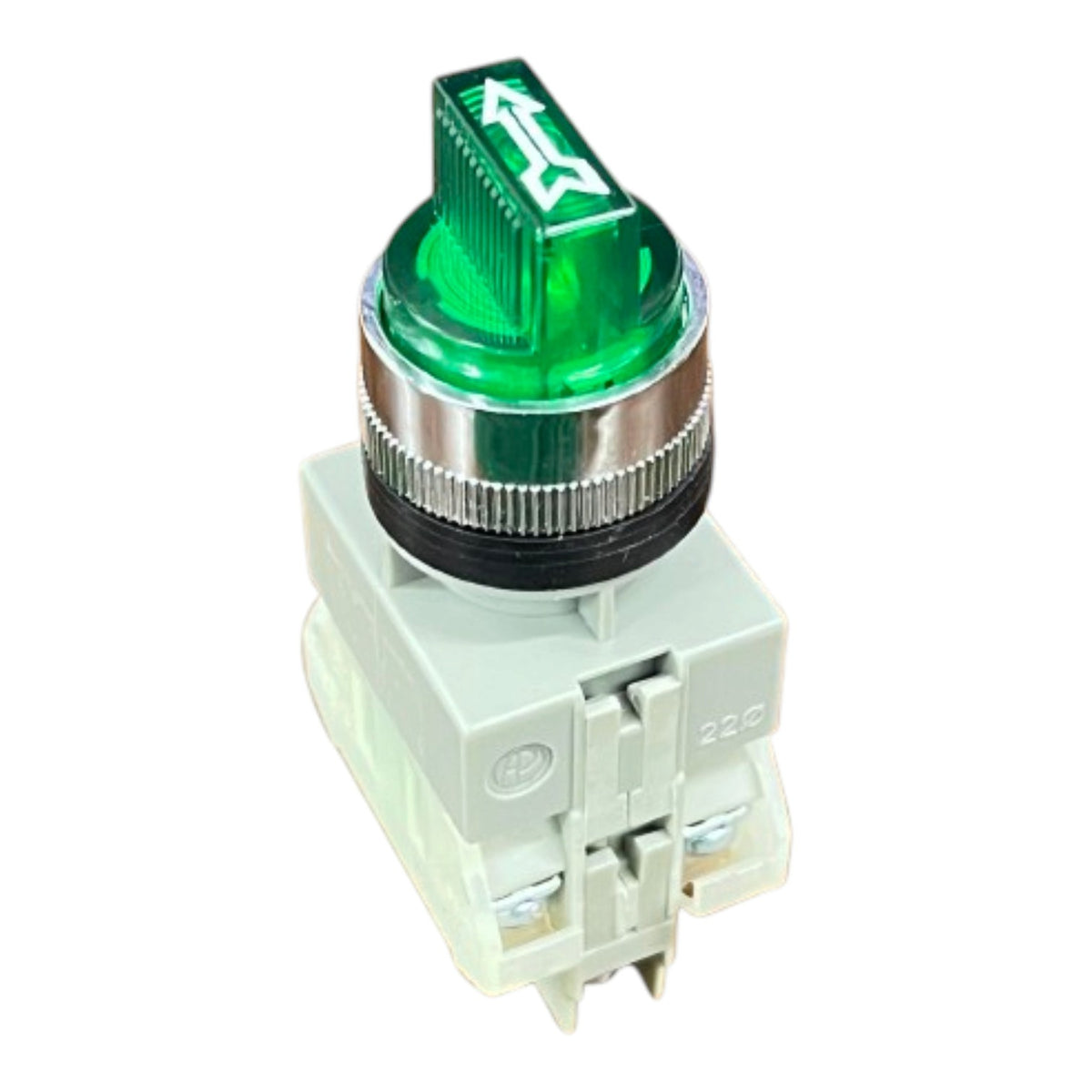 A green illuminated industrial toggle switch with a white plastic base and a silver metal collar, shown on a plain white background.