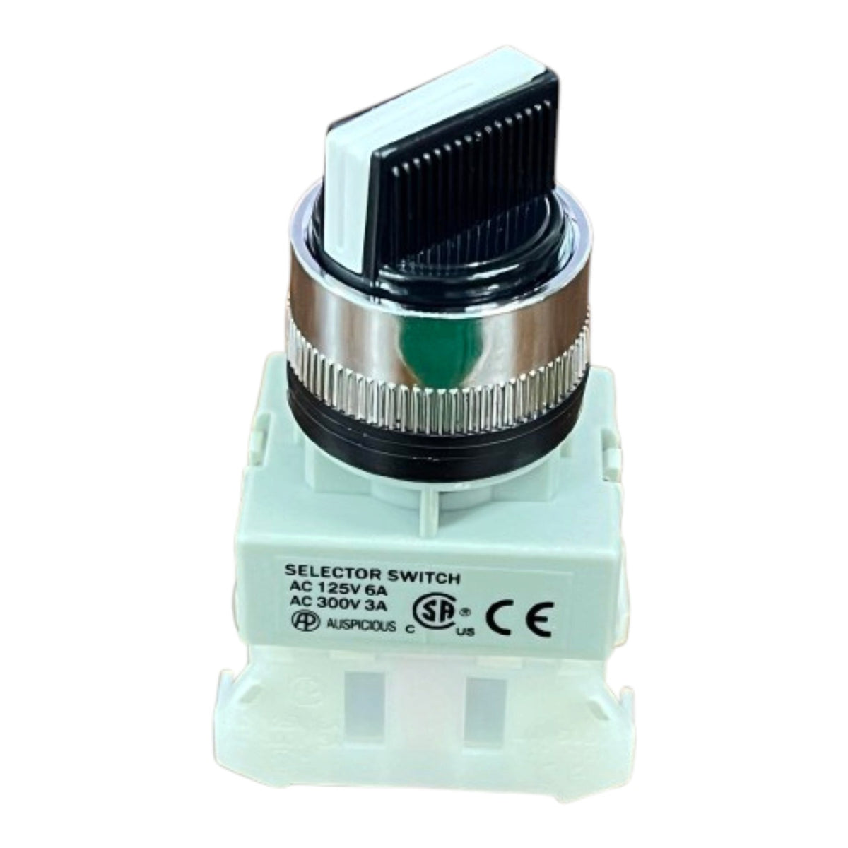 A plastic and metal selector switch component with a white base, a silver and black knob, and printed technical specifications on the front.
