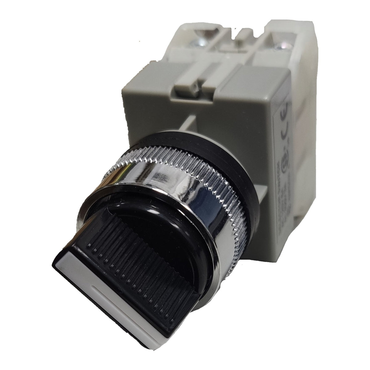 A small industrial electrical component or rotary switch module with a gray plastic housing, a black ribbed front cover, and a shiny silver metal ring, shown on a plain white background.
