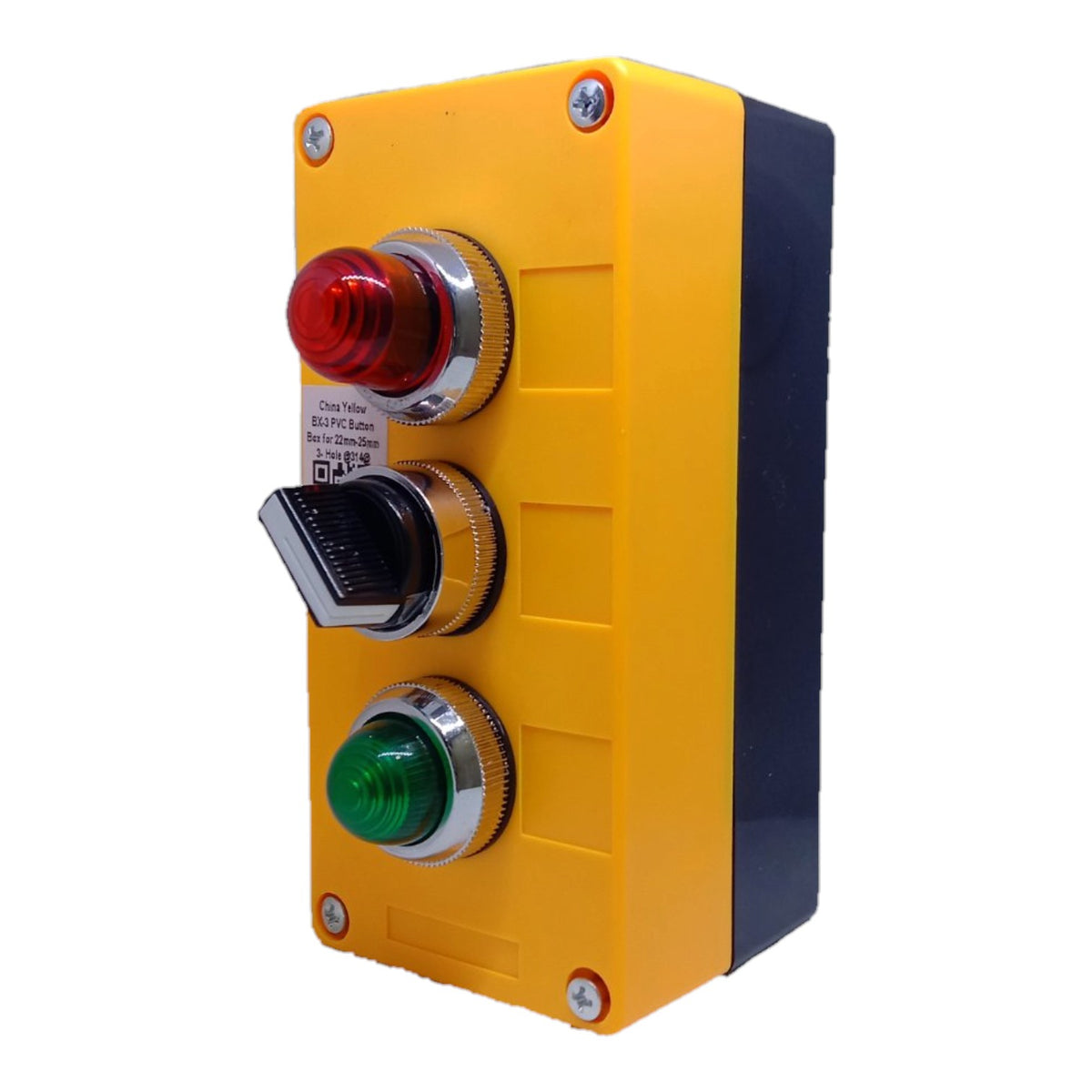 A yellow industrial electrical control panel box with a red emergency stop button, a black toggle switch, and a green start button, shown on a white background.
