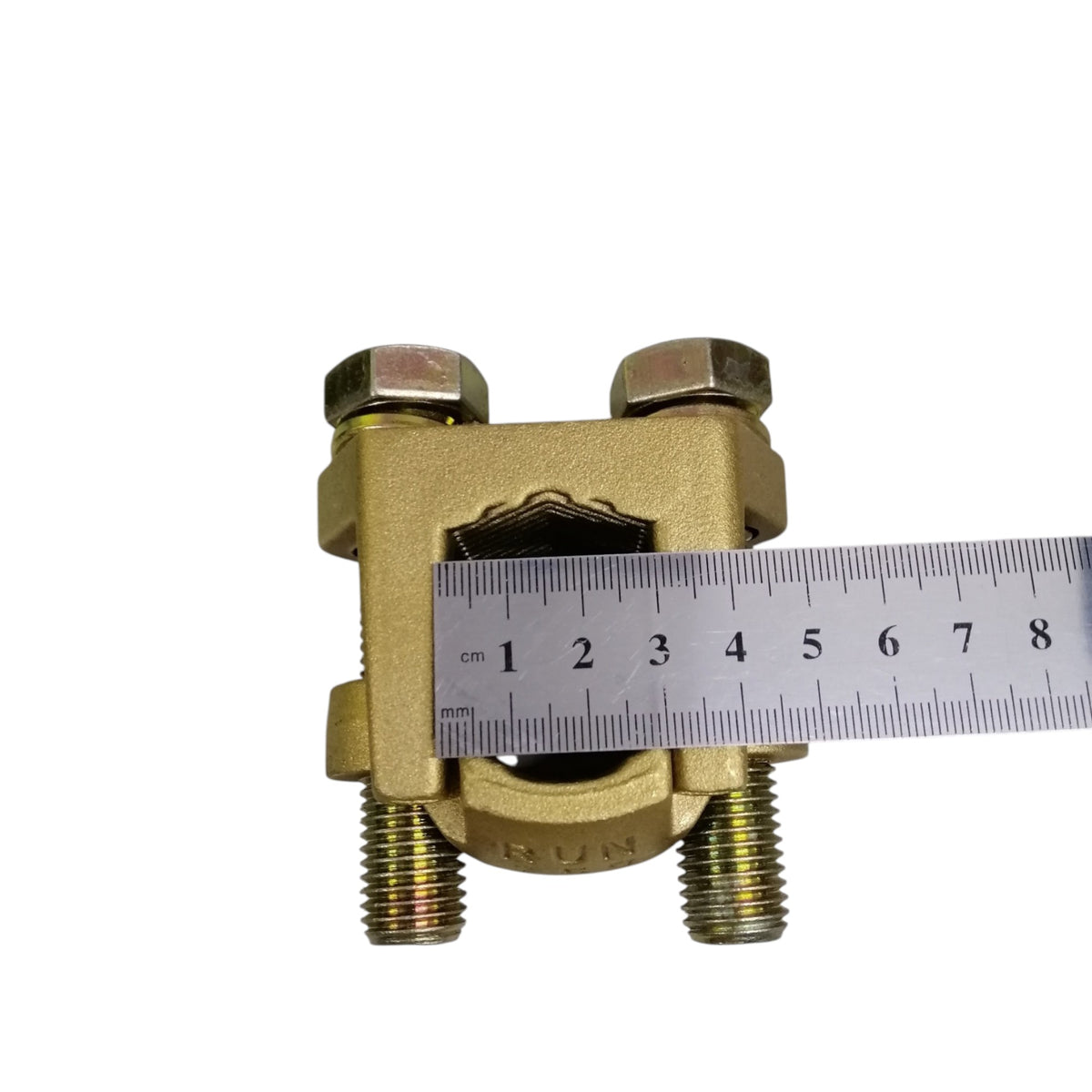 B-B Solderless Connector 2 Bolt brass cable clamp grounding connector with ruler showing inner diameter B-B Solderless Connector Double Bolt 380mm - 500mm Copper 750-1000MCM Electx Electrical Supply