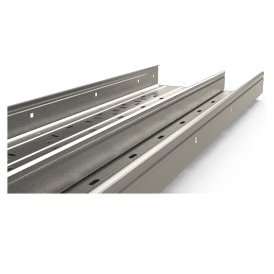 Gray metal cable tray channels shown at an angle on a white background.