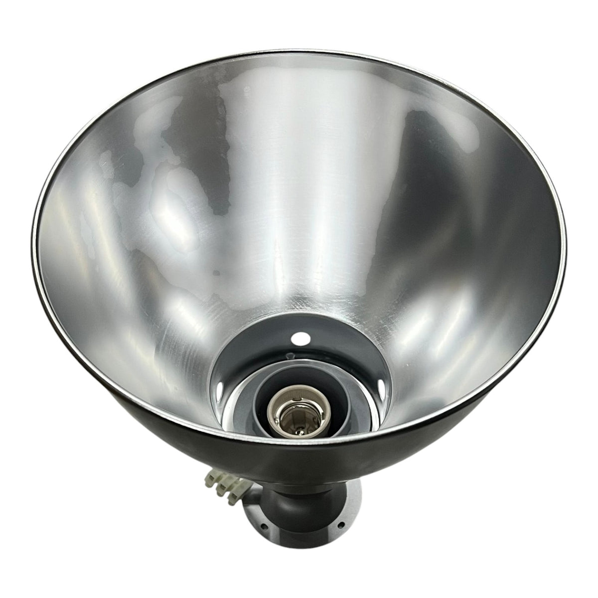 A brushed silver metal reflector bowl with a black mounting base and connector, shown on a plain white background.