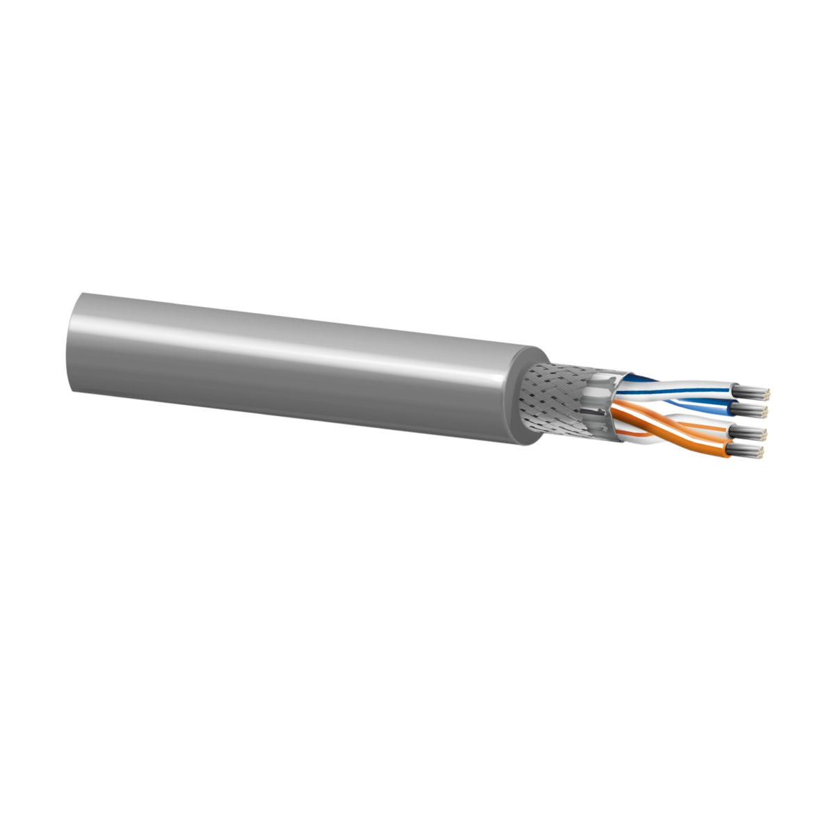 A single gray Ethernet cable with its outer jacket peeled back to reveal internal twisted wires in orange, blue, white, and gray, shown on a plain white background.