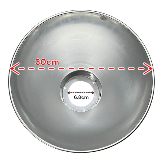 Top-down view of a round brushed metal lampshade or light fixture bowl with red dashed measurement overlays indicating a 30 cm diameter and a 6.8 cm center opening.