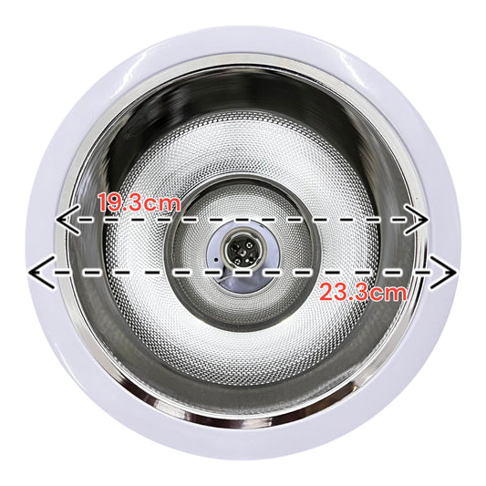 Stainless steel sink with measurements indicated on a white background