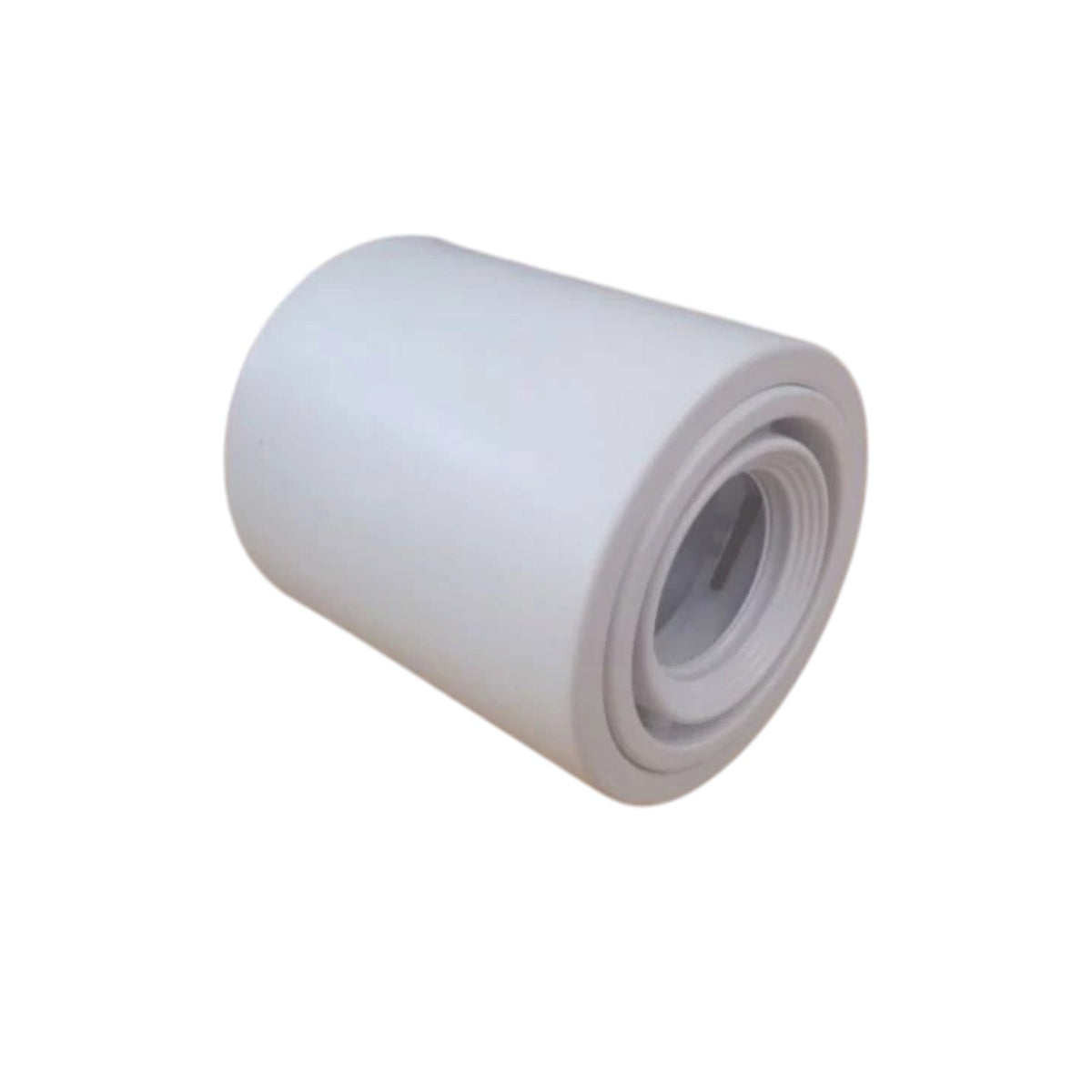 A white plastic cylindrical pipe fitting with a threaded inner bore, shown on a plain white background.