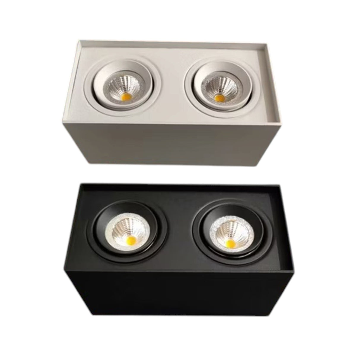 Two rectangular recessed light fixtures shown on a white background, one in silver and one in black, each with two round LED-COBE light heads.