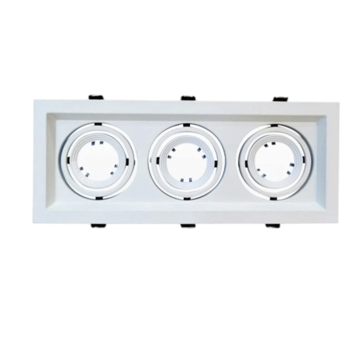 A white three-light recessed ceiling fixture with circular LED light sources, shown against a plain white background.
