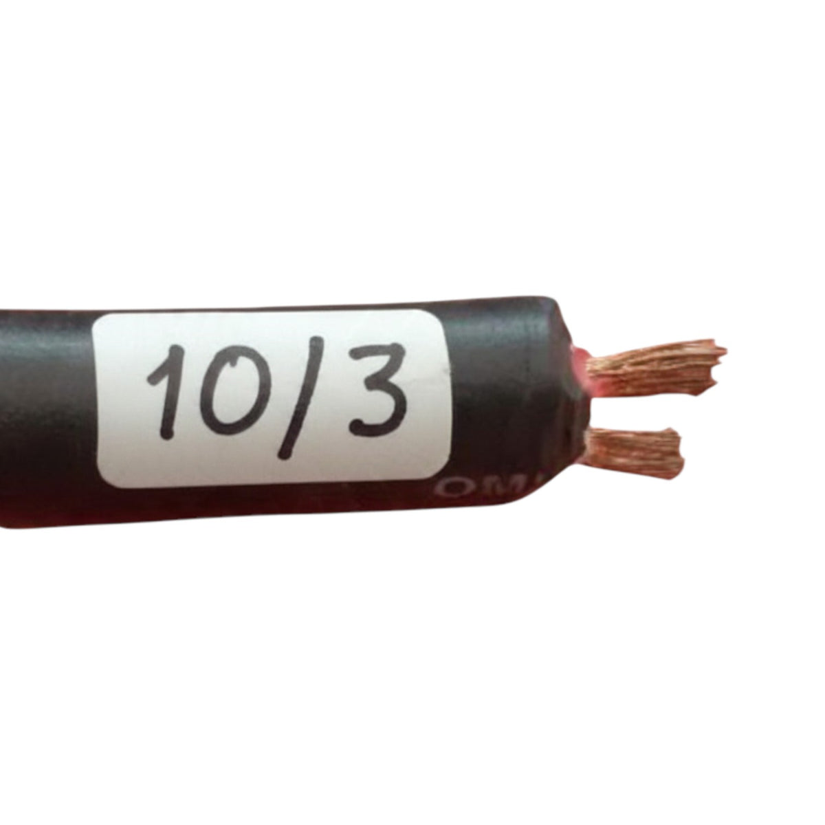 A close-up of a black electrical cable with two copper-colored wires exposed at one end, labeled with a white sticker marked '10/3'.