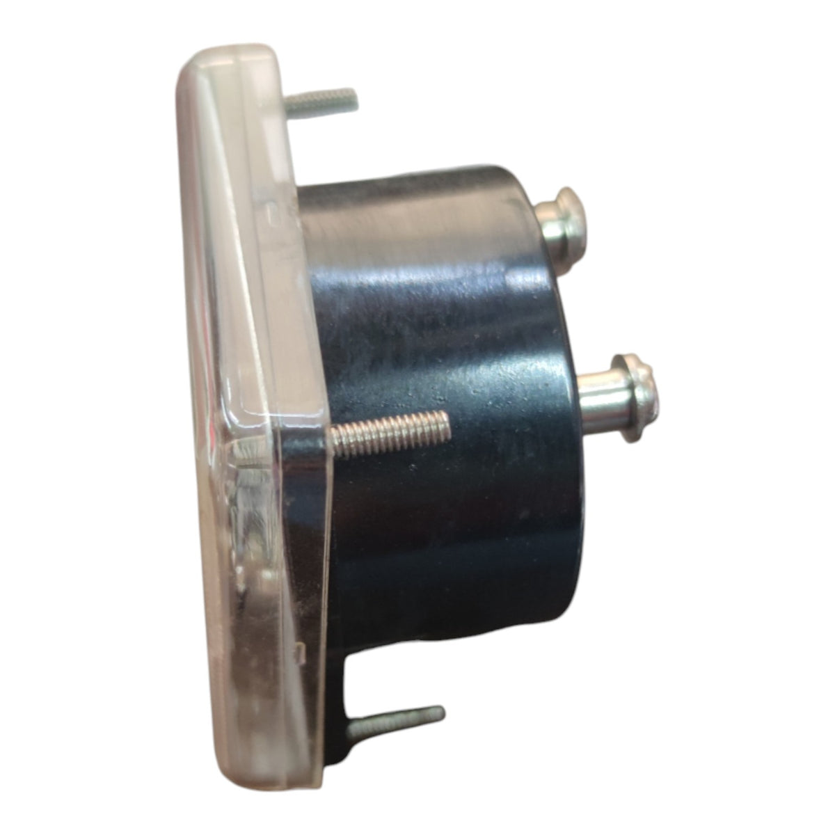A small black cylindrical electrical component with a clear plastic cover on one side and silver metal terminal screws, shown on a plain white background.