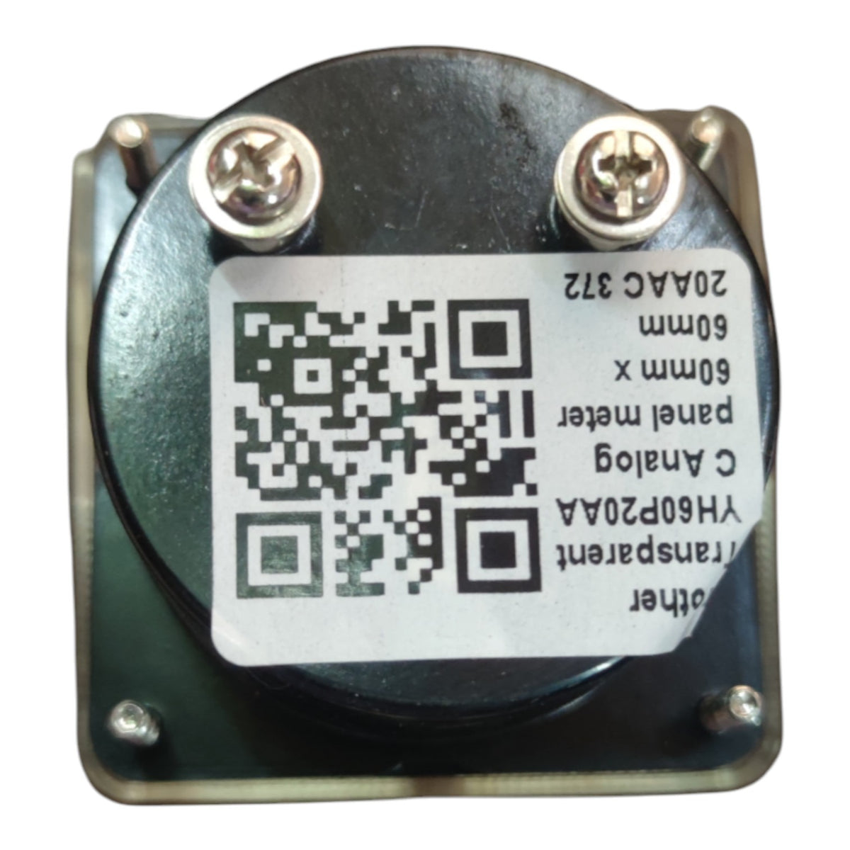 A round transparent panel meter with a black protective cover, two silver screws, and a white label featuring a QR code and text specifications.