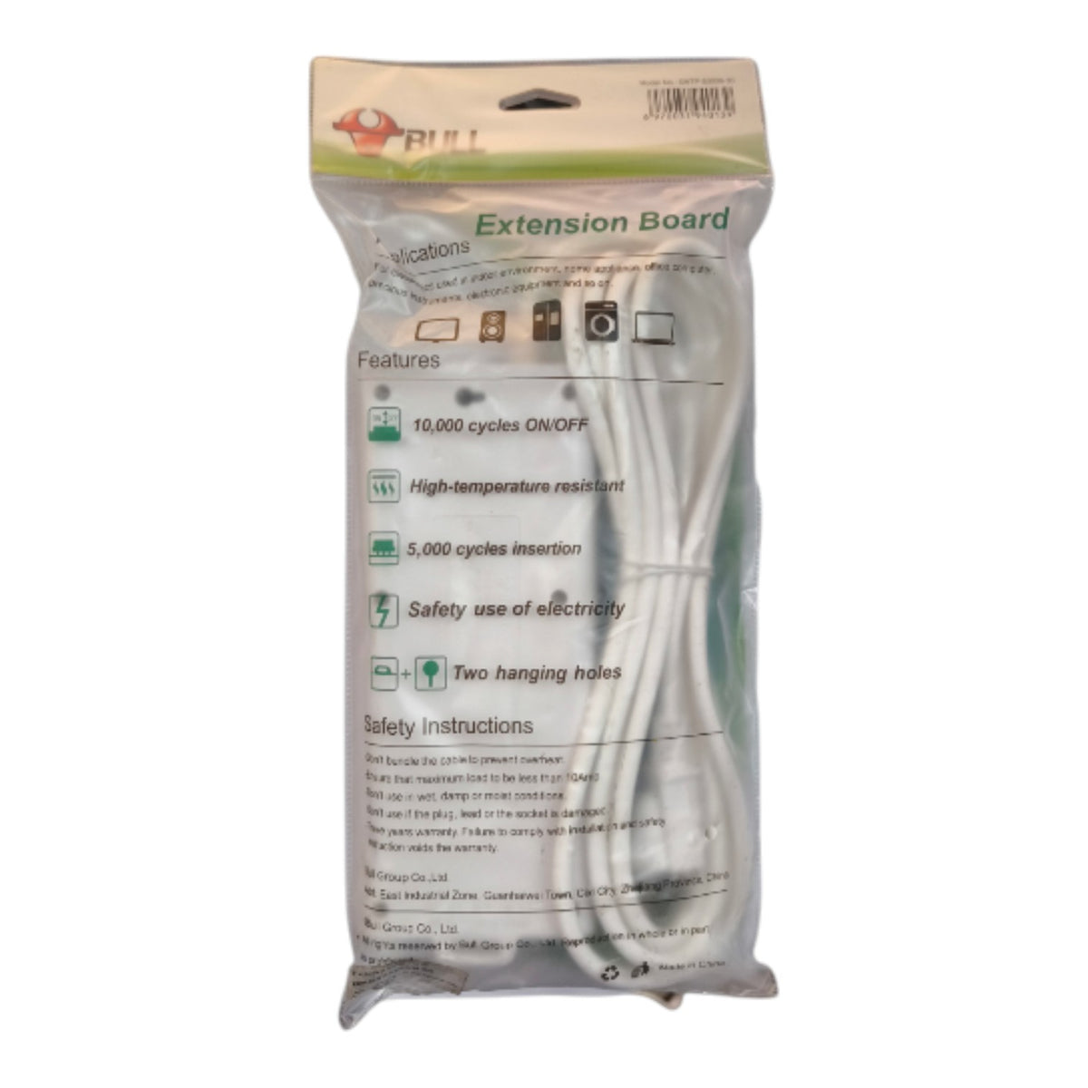 A packaged electrical extension board by Bill, sealed in a clear plastic bag with a beige header card. The product is visible through the transparent packaging, showing a white plastic board with printed black and green text and icons detailing features and safety instructions.