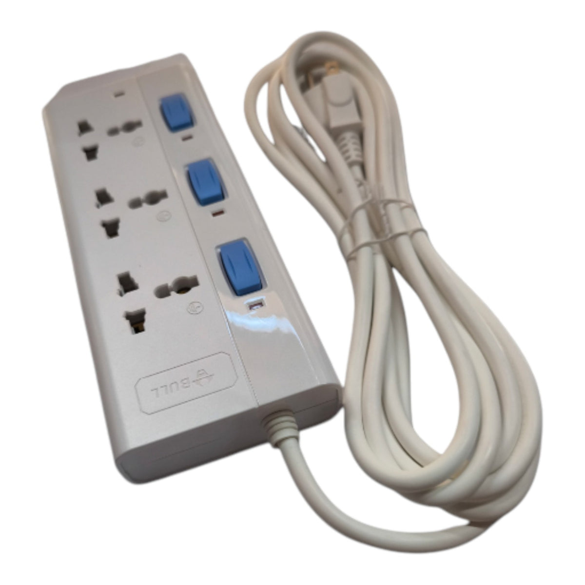 A white multi-outlet power strip with three blue switches and a white power cord, shown on a plain white background.