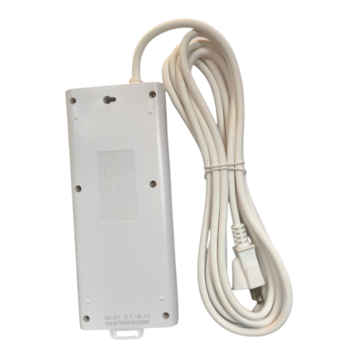 A white plastic electronic power adapter or charger with a coiled white cable and a standard US plug, shown against a plain white background.