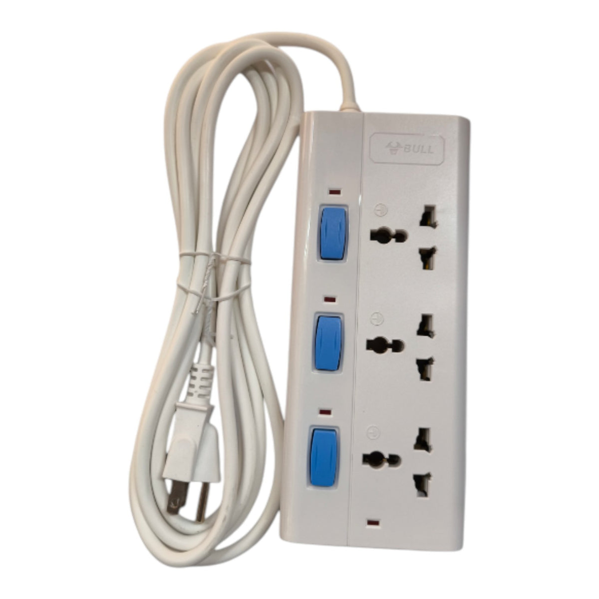 A white 4-outlet power strip with three blue switches and a coiled white power cord, shown on a plain white background.