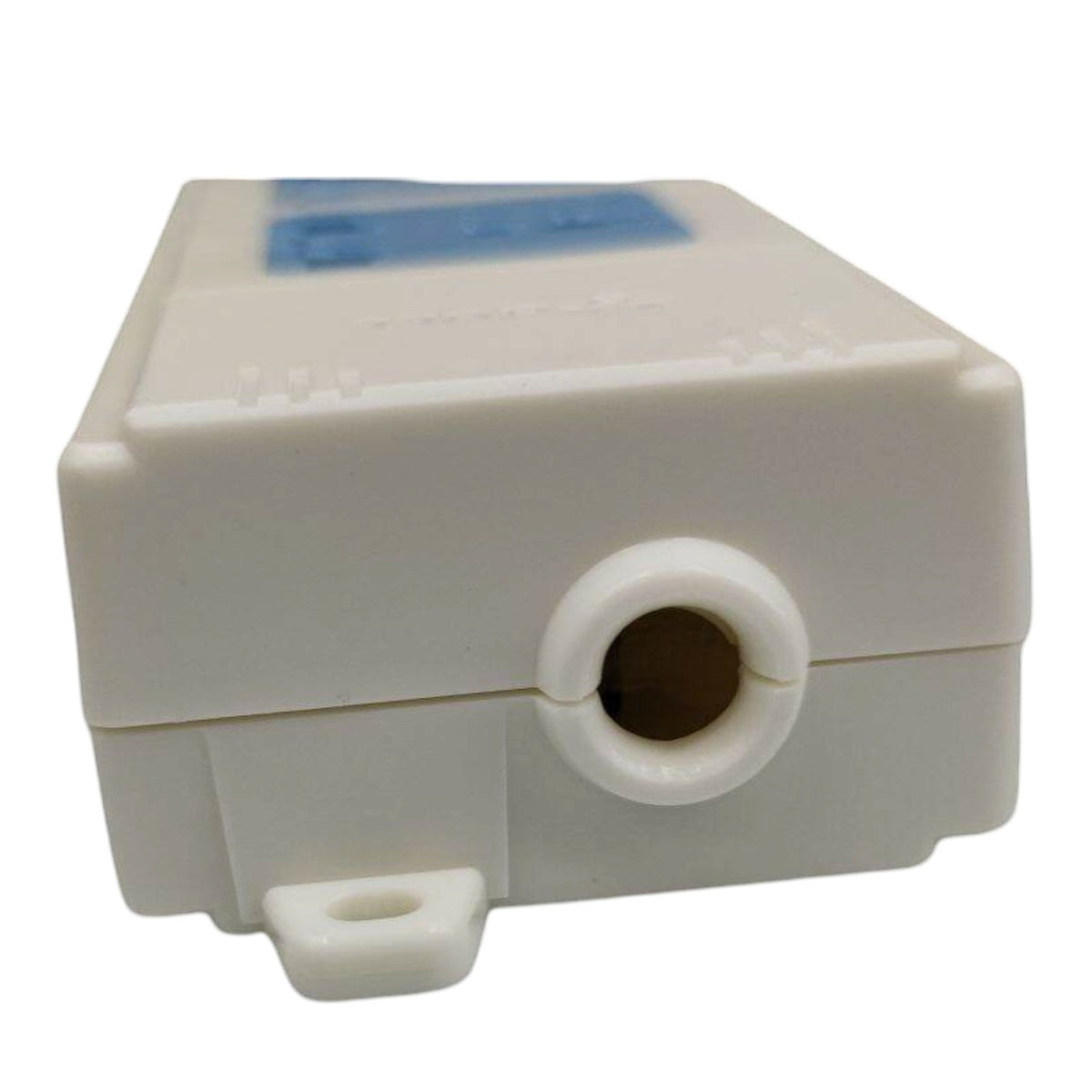 A white plastic electrical junction box with a circular terminal port on the front and a small tab on the side, shown against a plain white background.