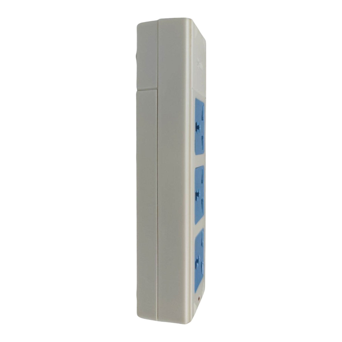 A wall-mounted power strip with a light gray plastic casing and blue outlets, shown from a side profile view on a white background.