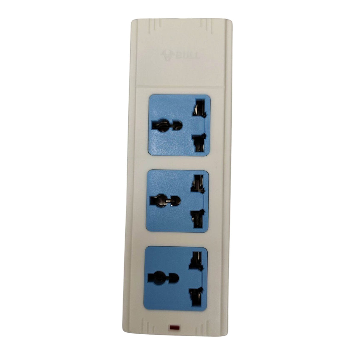 A wall-mounted three-outlet power strip by BULL, featuring a cream-colored plastic housing with three blue faceplates, shown against a plain white background.