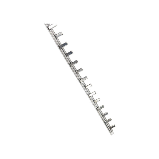 A silver metal linear guide rail with multiple parallel guide pins, shown diagonally on a solid white background.
