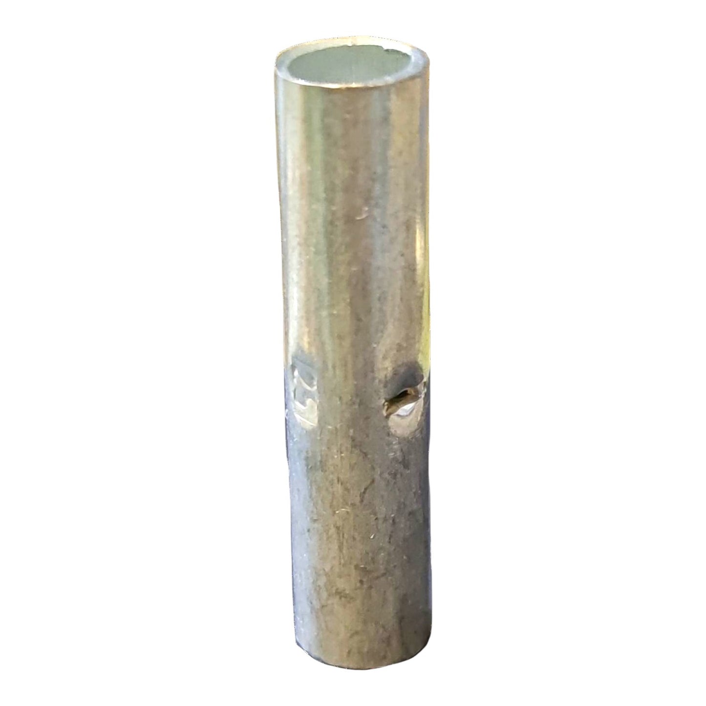 A small cylindrical metal post or sleeve with two circular cutouts, shown upright on a plain white background.