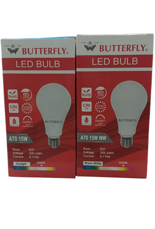 Butterfly 15W LED bulb E27 daylight and warm white variants in red and white packaging