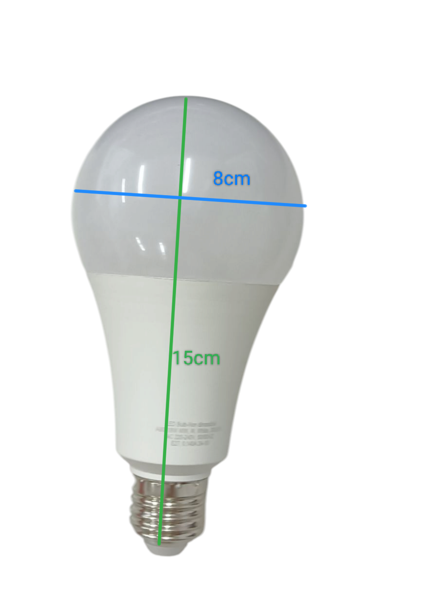 Butterfly 18W LED Bulb E27 220-240V with measurements showing 8cm diameter and 15cm length
