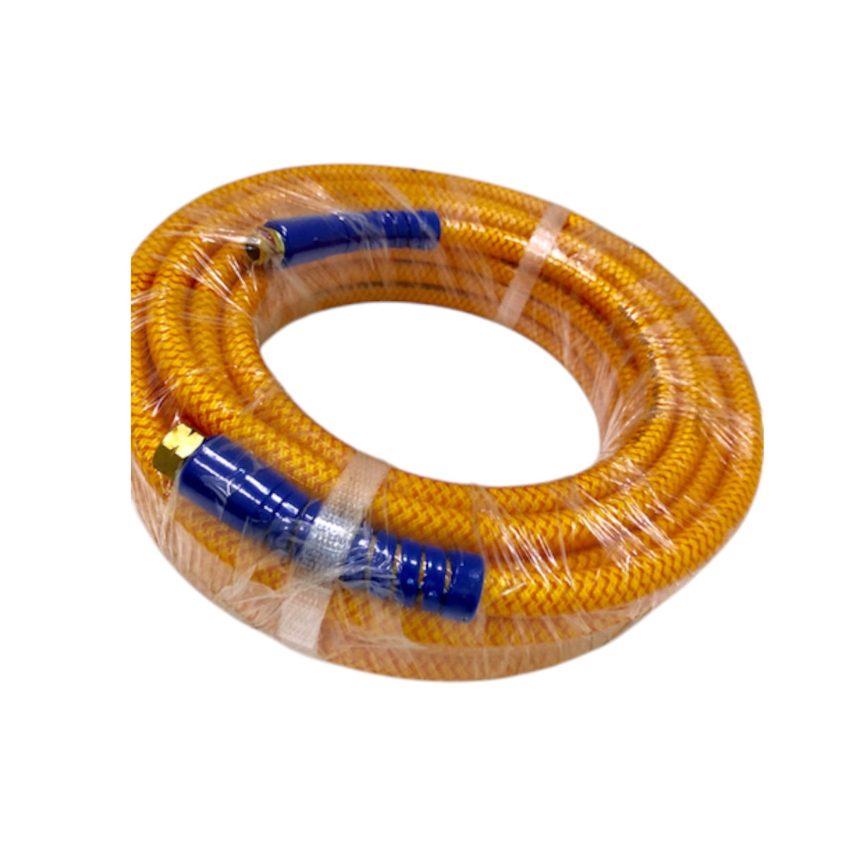 A coiled yellow braided hose wrapped in clear plastic, with blue connectors on both ends, shown on a plain white background.