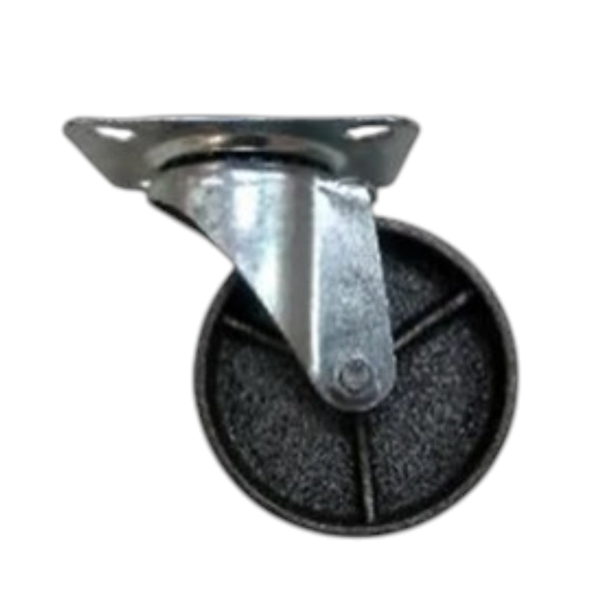 A single industrial caster wheel with a black rubber tread and a silver metal swivel mount, isolated on a white background.