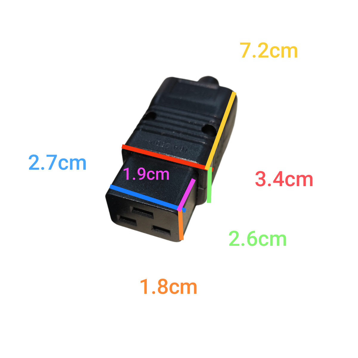 Grippes C19 Female Computer Connetor black electrical connector with dimension markings