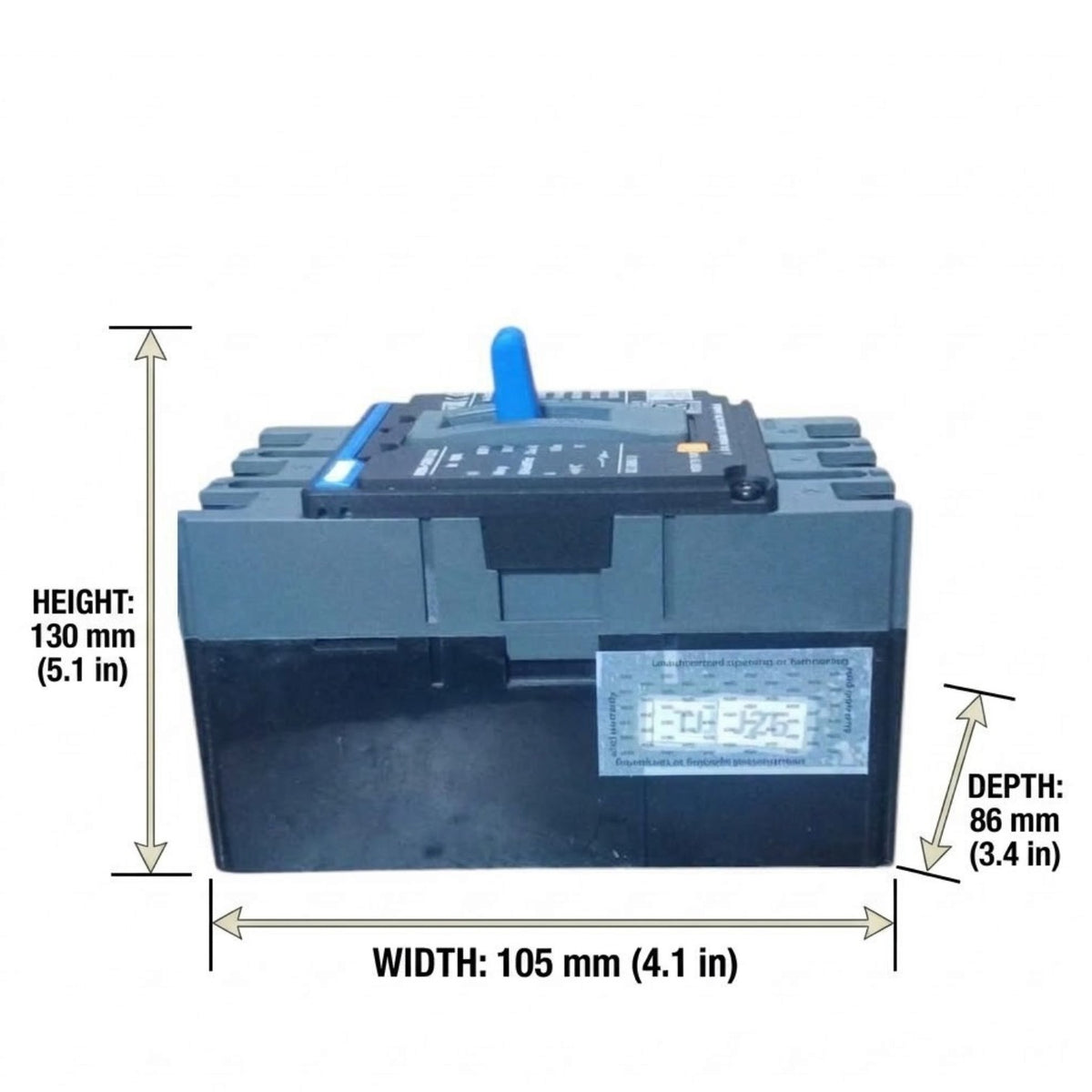 A black rectangular battery with a blue terminal cap and measurement annotations showing height, width, and depth on a white background.