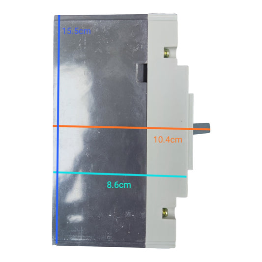 A gray and white electrical contactor or relay component with overlaid dimension lines and measurements in centimeters (15.5cm, 10.