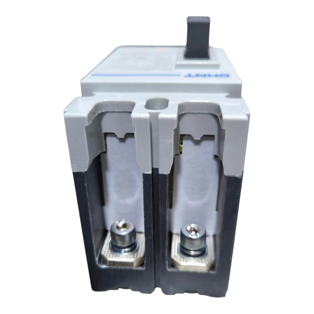 An industrial electrical contactor or relay component with a gray top housing, black base, and silver metal terminals, shown on a plain white background.