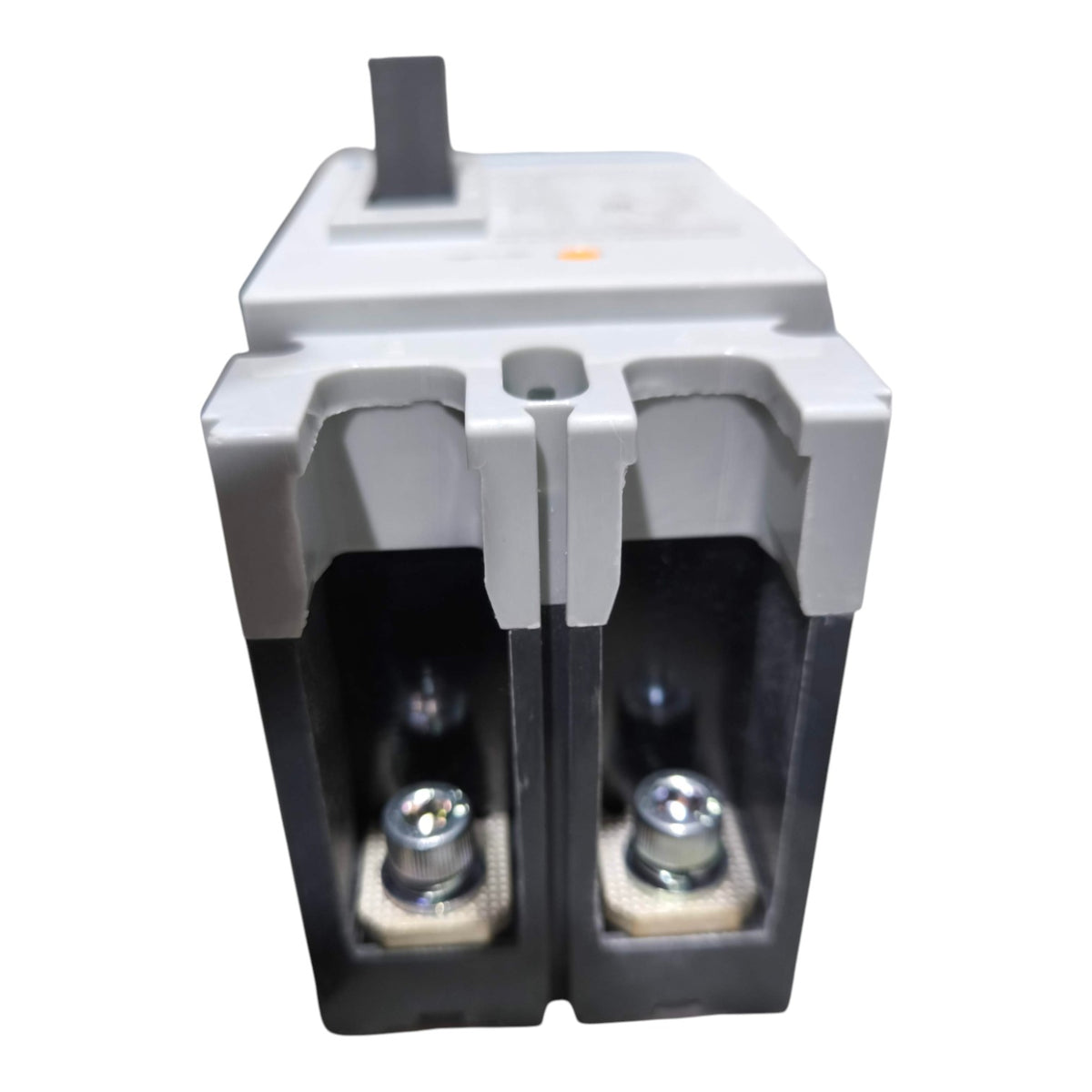 A two-pole electrical terminal block or connector with a gray top cover, black lower housing, and two silver screw terminals visible, isolated on a white background.