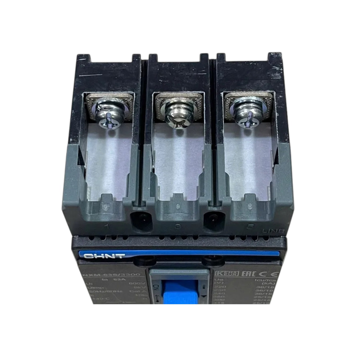 A CHNT AC200A FUSE circuit breaker with a dark gray plastic housing, three metal terminal blocks at the top, and a blue front handle, shown on a white background.