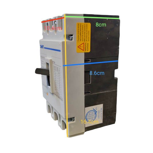 A large electrical circuit breaker or switch component shown on a plain white background, with colored measurement lines and text labels indicating dimensions such as 8cm, 8.6cm, and 16cm.