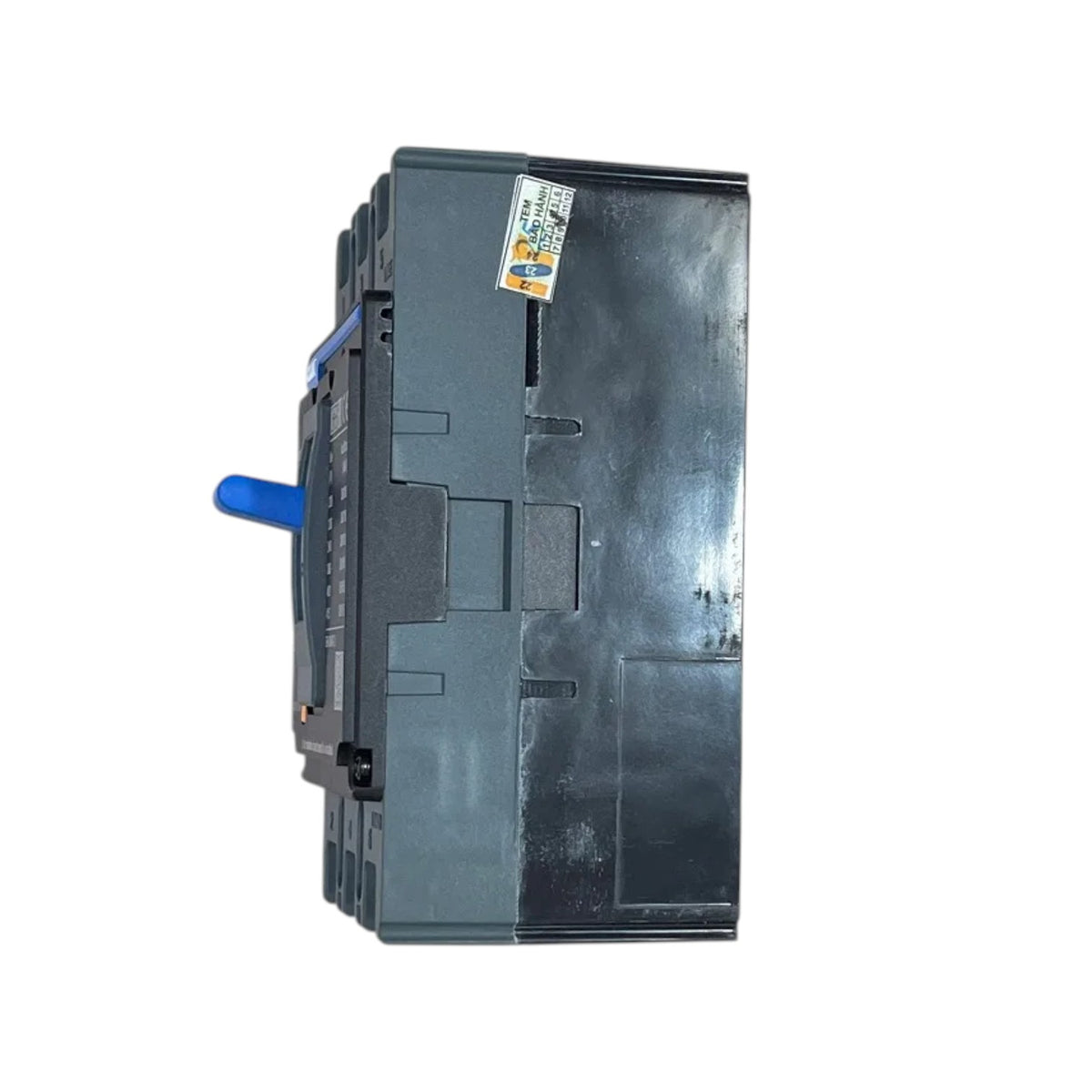 A dark gray industrial electrical contactor or relay component with a blue handle, shown from a side profile view on a white background.