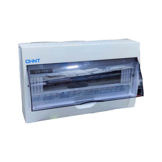 A CHNT DB-18S electrical distribution board with a white plastic housing, clear protective front cover, and blue CHNT branding on the upper left.