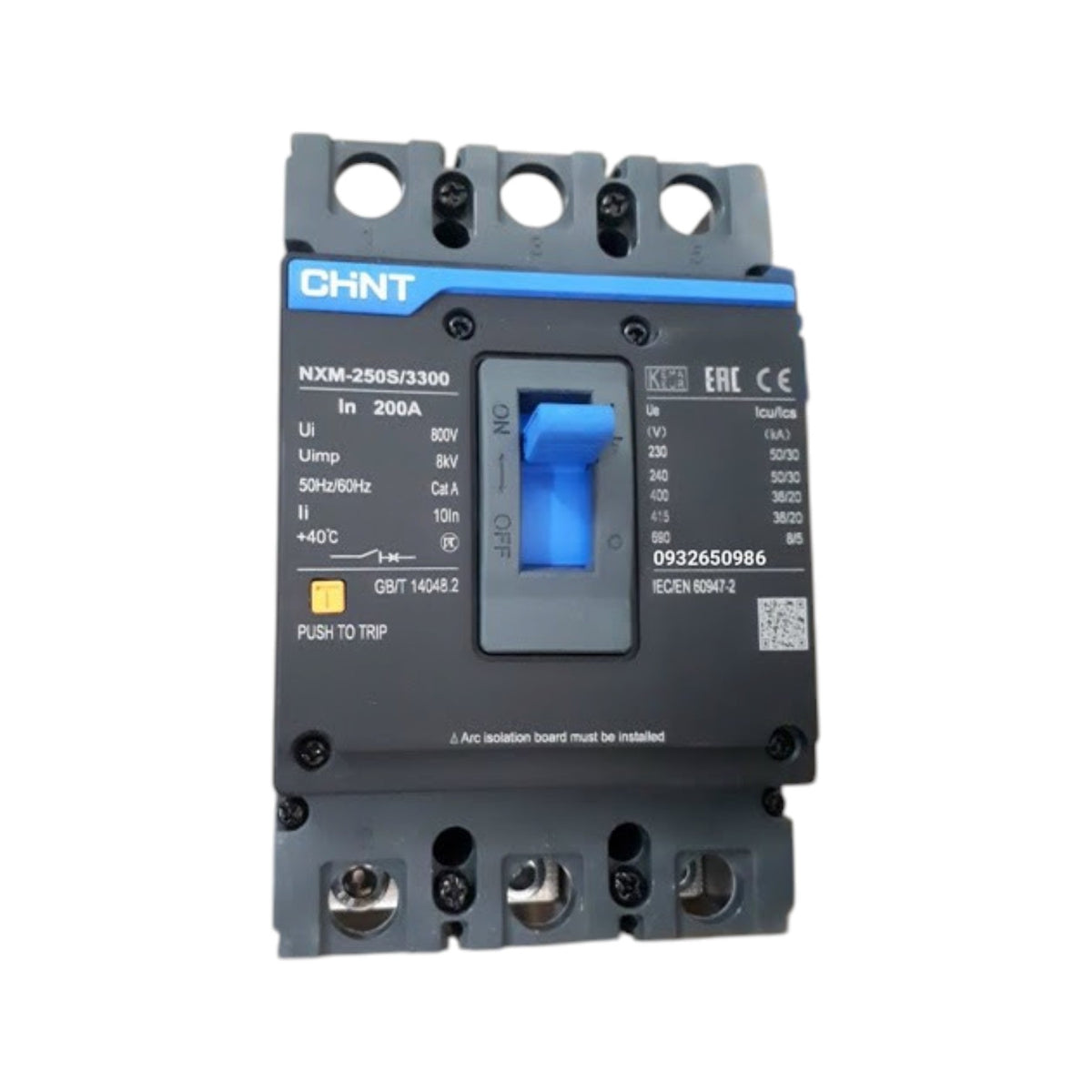 A CHNT NXXM-250S/2300 electrical contactor with a dark gray plastic housing, blue switch handle, and blue top accent strip, shown on a plain white background.