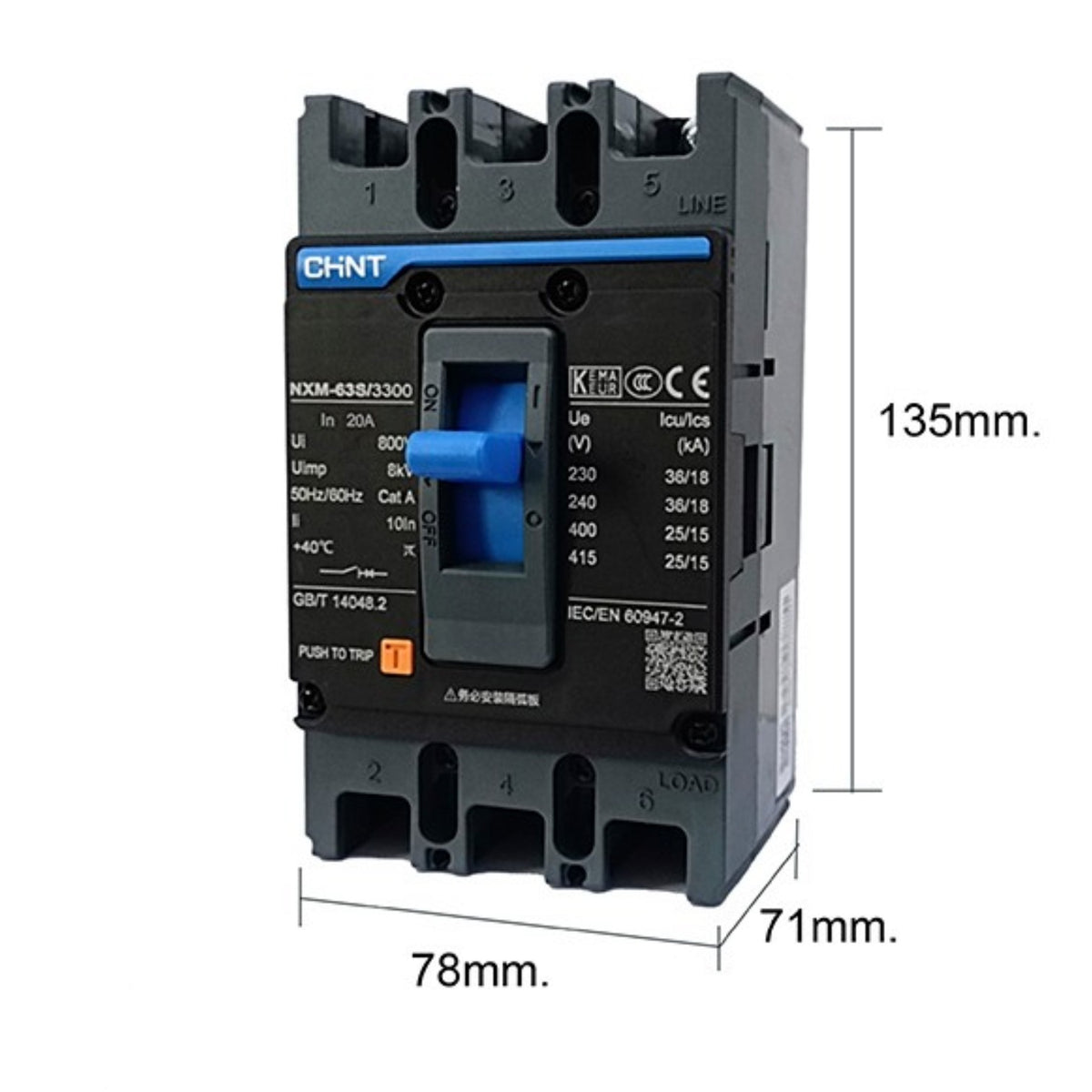 Chint 20A 3 Pole Industrial Circuit Breaker 3 Phase 63AF 36KAIC 220V 25kA 415V MCCB NXM-63S/3300/20A