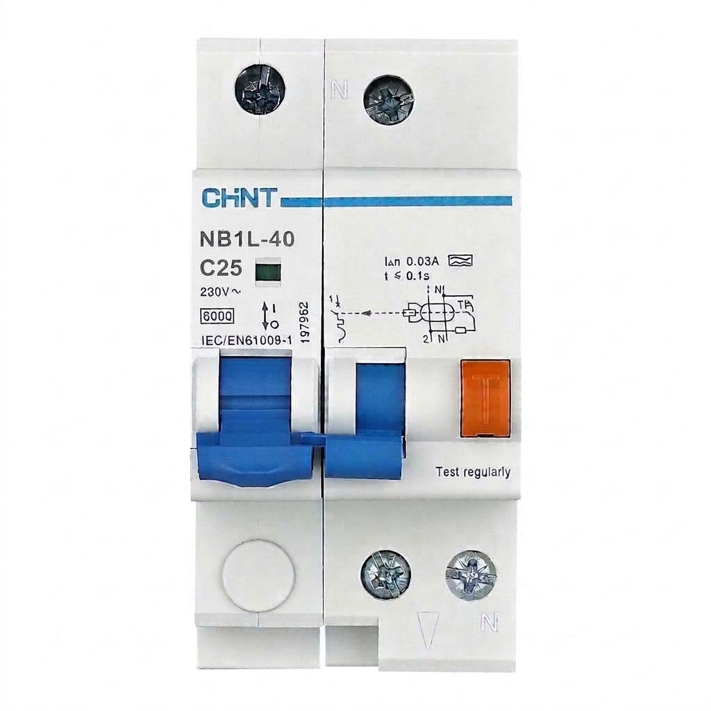 Chint 25A 1P+N 30mA 10KAIC 230V Residual Current Circuit Breaker with Overcurrent Protection RCBO NB1L-40H-25A1P+N