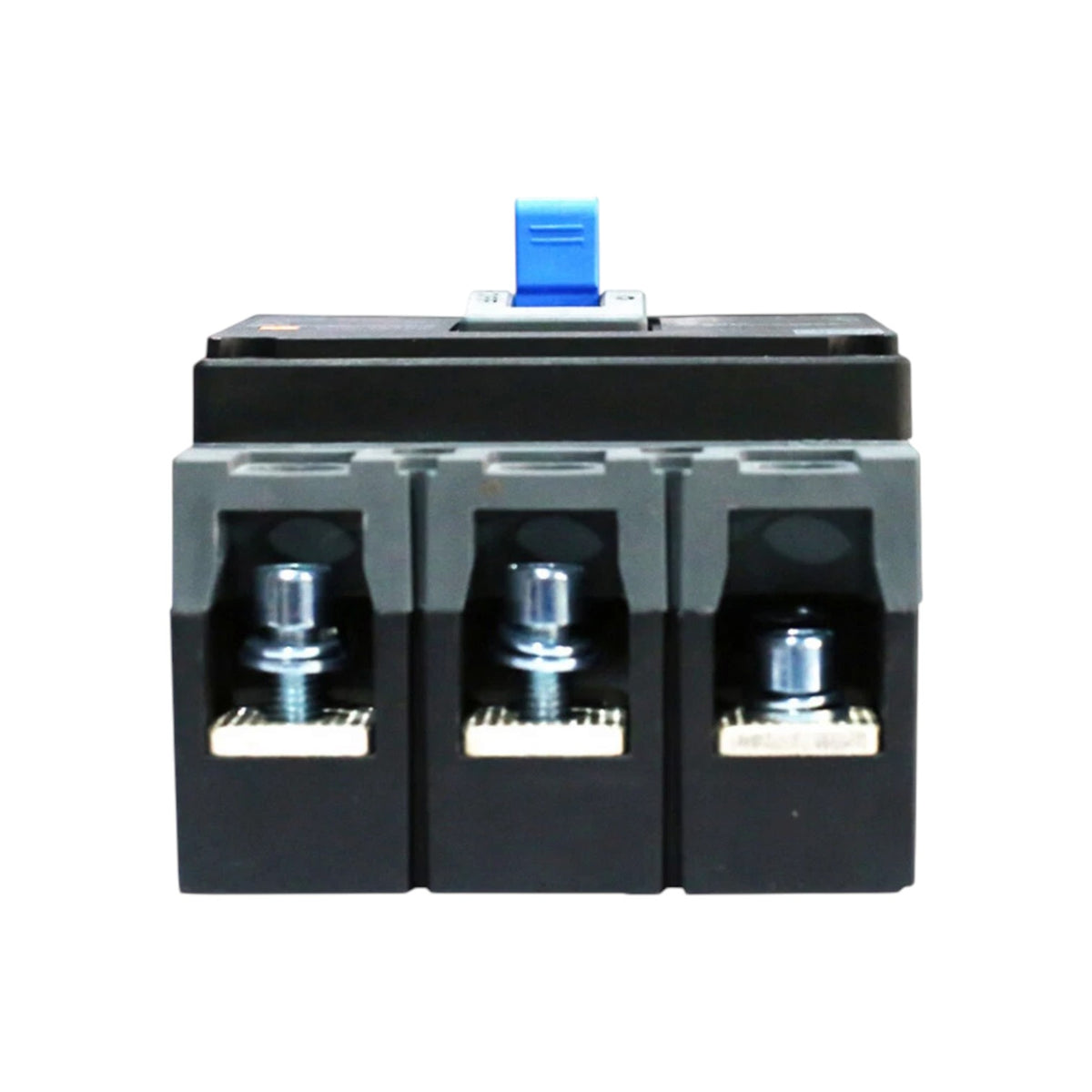 A three-terminal electrical contactor or relay component with a black and gray plastic housing, silver metal contacts, and a blue top handle, shown on a plain white background.